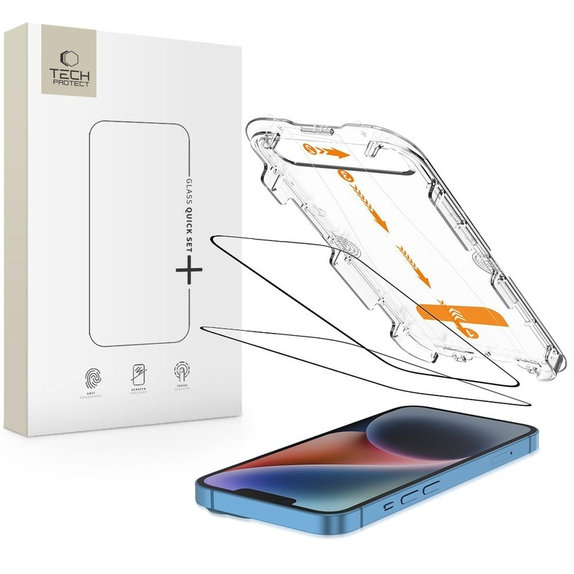 Kaljeno staklo Quick Set+ 2-PACK za iPhone 13 / 13 Pro / 14 / 16E / 17E, crna, Tech-Protect