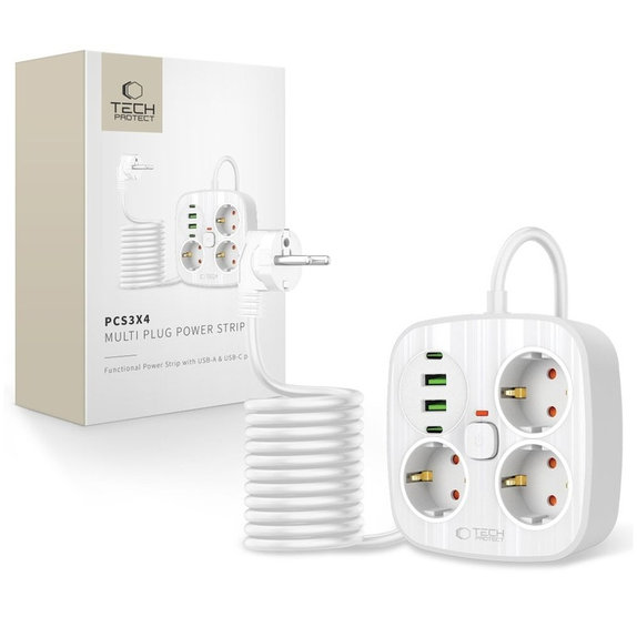 Mrežni punjač PCS3X4 Power Strip 2 USB & 2 USB-C & 3 Socket 200cm, bijela, Tech-Protect
