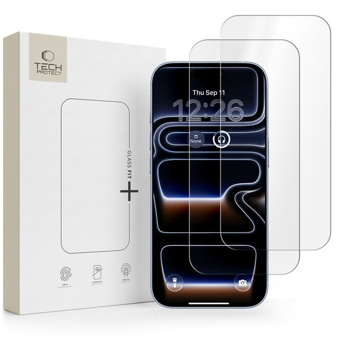 Kaljeno staklo Glass Fit+ 2-PACK za iPhone 16 Pro / 17 / 17 Pro / 18 Pro, prozirna, Tech-Protect