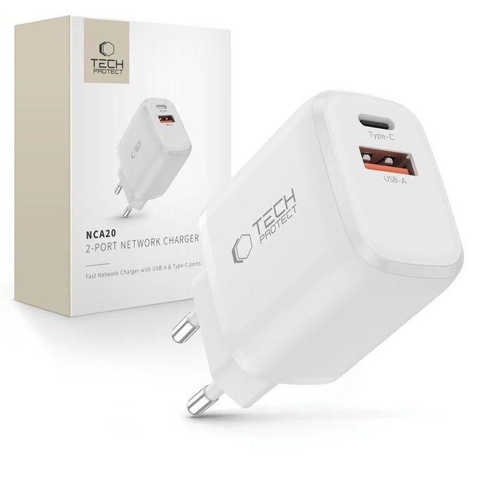 Mrežni punjač NCA20 2-PORT PD 20W / QC3.0, bijela, Tech-Protect