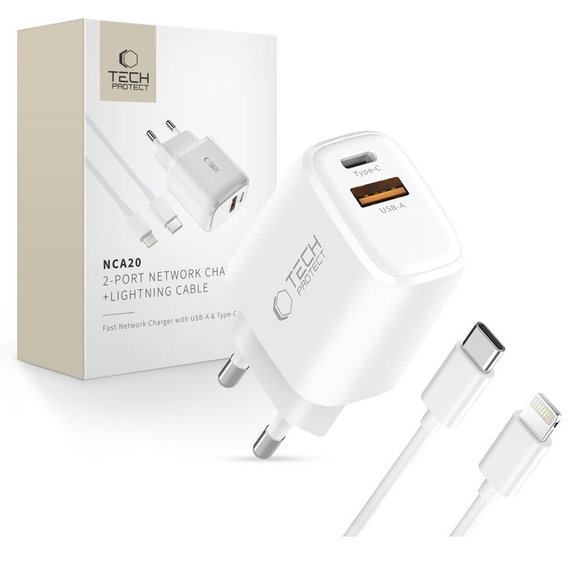 Mrežni punjač NCA20 2-PORT PD 20W / QC3.0 + Lightning Cable, bijela, Tech-Protect