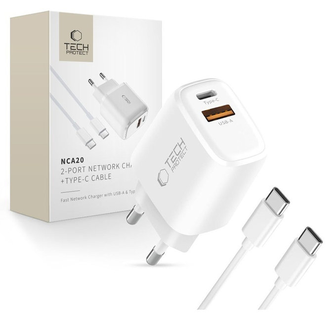 Mrežni punjač NCA20 2-PORT PD 20W / QC3.0 + USB-C Cable, bijela, Tech-Protect