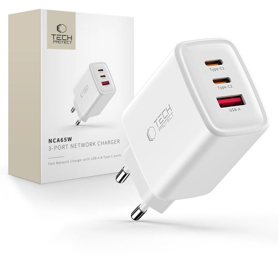 Mrežni punjač NCA65W-GAN 3-PORT PD 65W / QC3.0, bijela, Tech-Protect