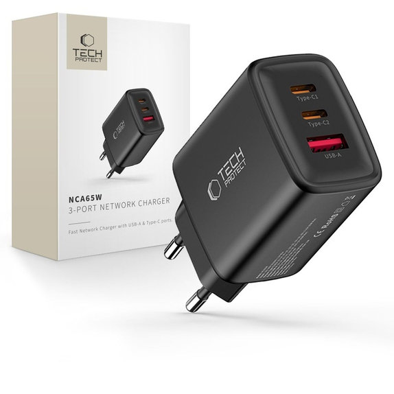 Mrežni punjač NCA65W-GAN 3-PORT PD 65W / QC3.0, crna, Tech-Protect