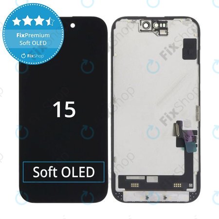 Zaslon Soft OLED za iPhone 15 - Dodirno staklo + Okvir, DIAGNOSTIC