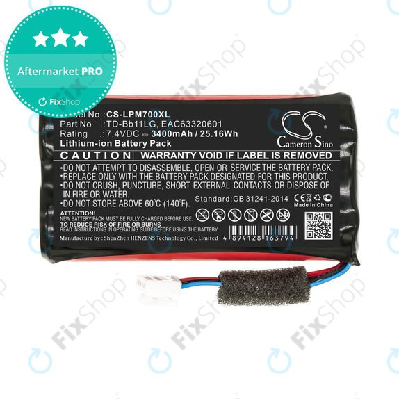 Baterija za LG Music Flow P7, Xboom Go PK7, 3400mAh, Li-Ion, 7.4V, TD-Bb11LG, HQ