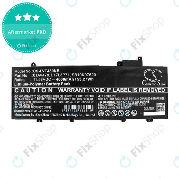 Baterija za Lenovo ThinkPad T480S, 4600mAh, Li-Pol, 11.58V, 01AV478, HQ